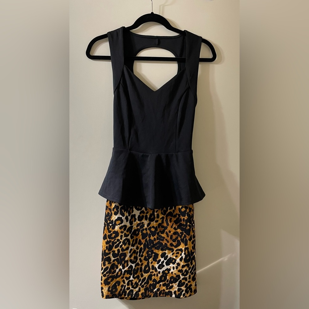 Black and cheetah print fitted dress with peplum ruffle